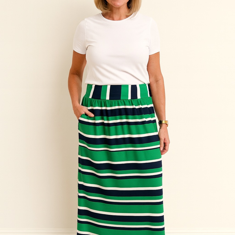 CK BradleyExquisite Striped Green and Navy Maxi Timeless Skirt